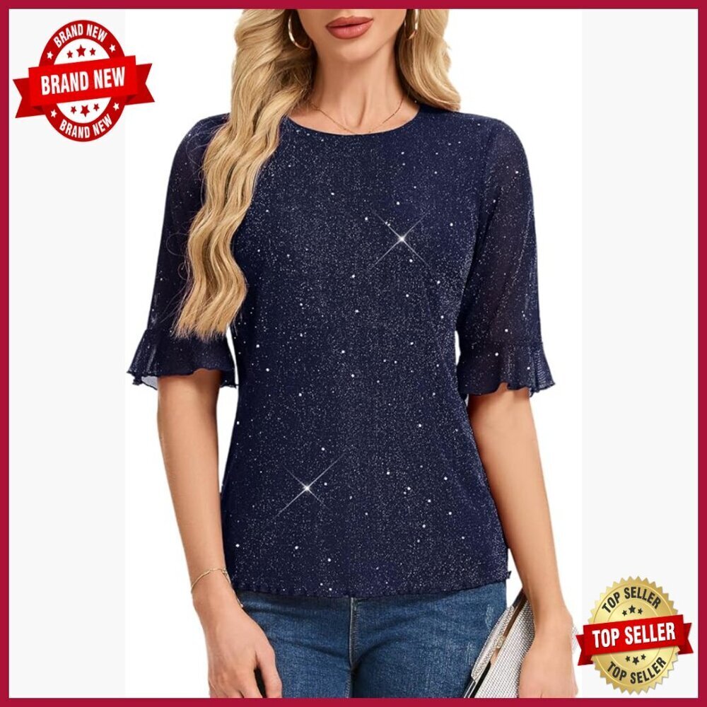 Women's Sparkle Blouse 3/4 Bell Sleeve Crew Neck Glitter Top